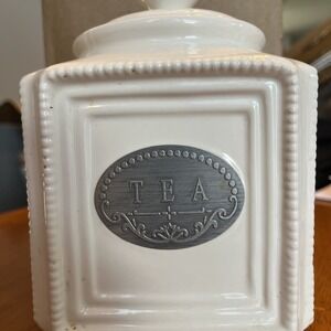 THL Ceramic TEA Canister Farmhouse White  With Beading, Silver Label And Lid
